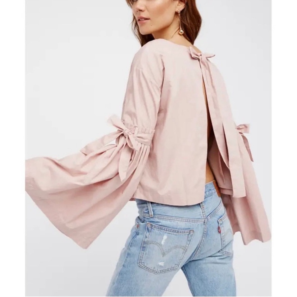 EUC- Free People ‘So Obviously Yours’ Tie Back Pleated Sleeve Poplin Blouse